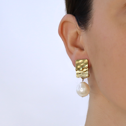 Rectangular Clip-On Earrings with Pearl Drop