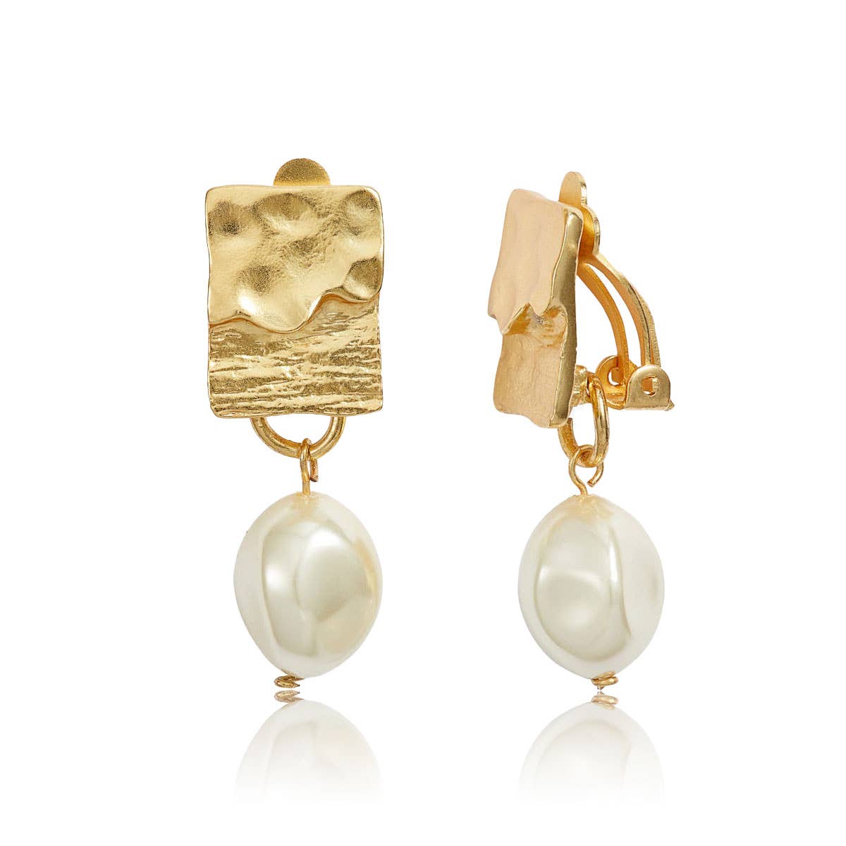 Rectangular Clip-On Earrings with Pearl Drop