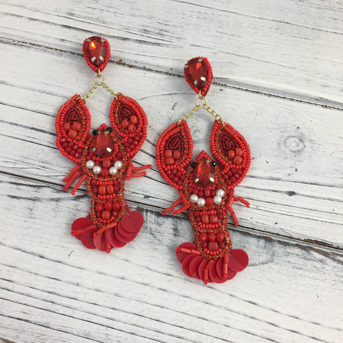 Bead and Rhinestone Red Crawfish Earrings