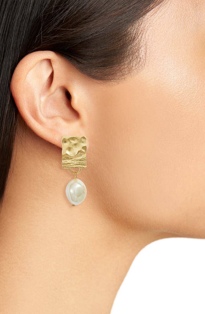 Rectangular Clip-On Earrings with Pearl Drop