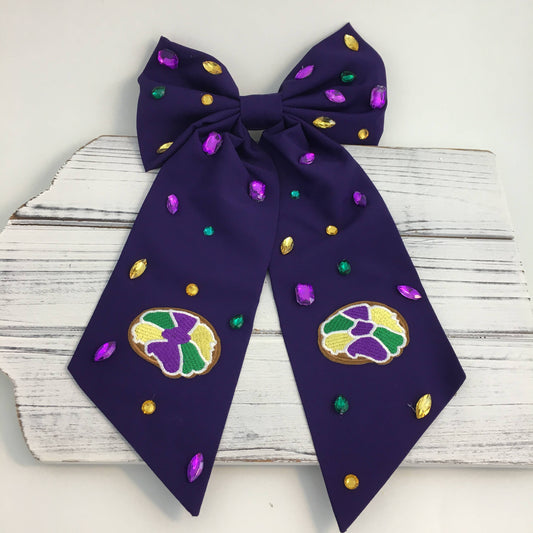 King Cake Hair Bow with Stones 