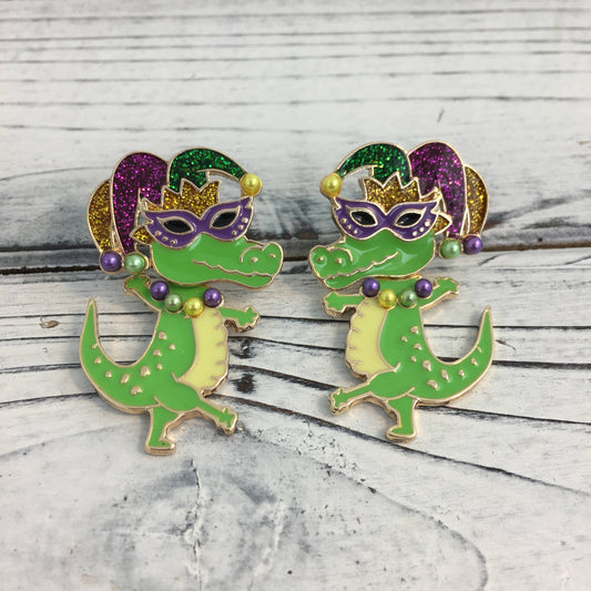 Mardi Gras Alligator Dangle Earrings